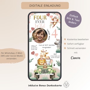 Invitation anniversaire d'enfant Four Ever Wild Girl, carte d'invitation numérique personnalisable 4e anniversaire WhatsApp Pink Zoo, modèle Canva
