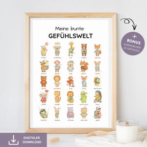 May include: A framed print featuring the German text "Meine bunte GEFÜHLSWELT" and illustrations of animals, each depicting a different emotion. The print includes a bonus of coloring pages. The frame is a light wood colour.