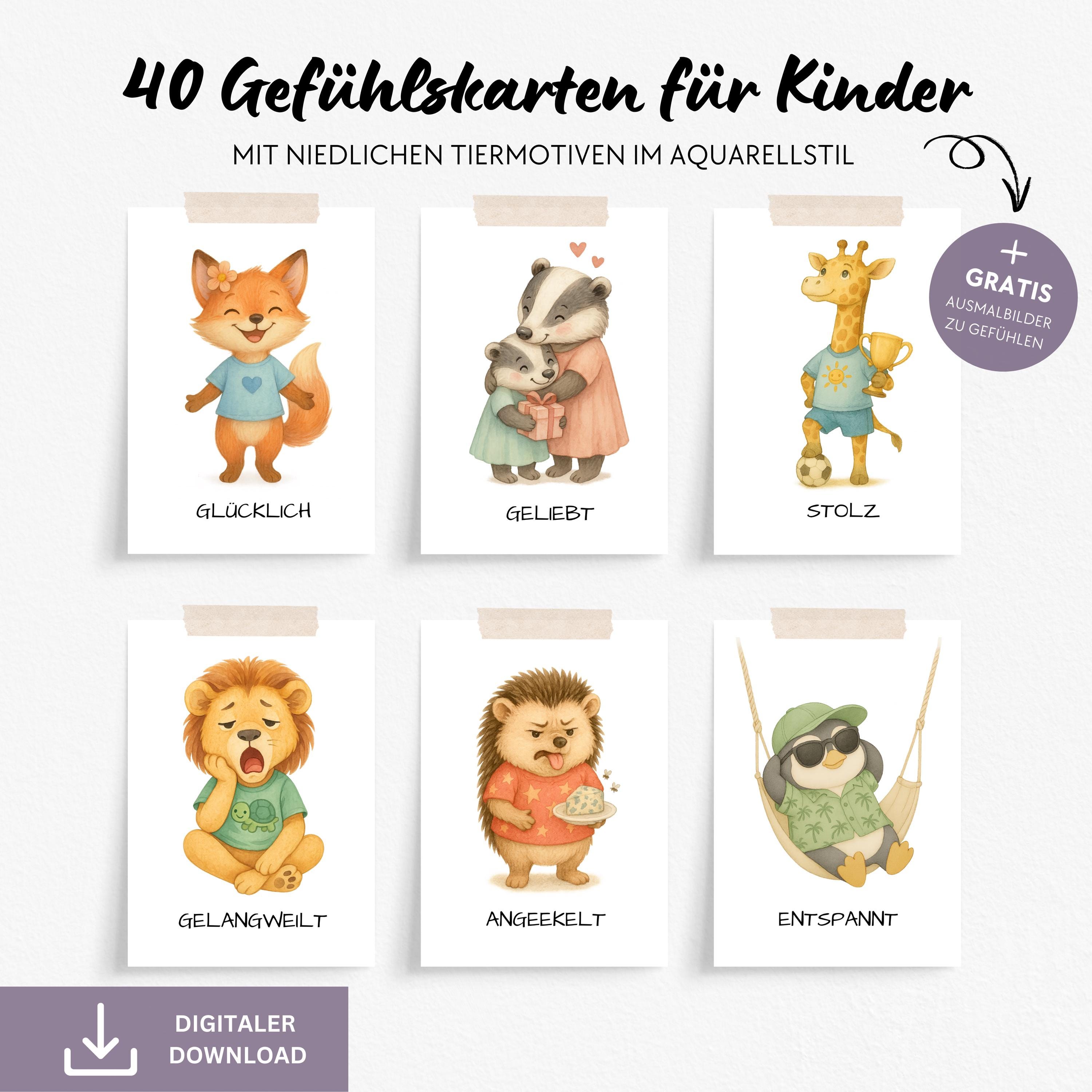 Emotion cards for children, learning emotions, cards for children, Montessori learning cards, download, watercolor emotion cards, animals to print out, PDF