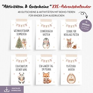 Puede incluir: Un conjunto de seis tarjetas de actividades imprimibles para niños, con ilustraciones de animales y actividades festivas. Las tarjetas incluyen texto en alemán, como "Schuhe für Nikolaus Putzen" y "Platzchen Backen."