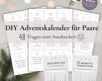 May include: A DIY Advent calendar for couples, featuring printed cards with questions and prompts. The image includes a bonus of 9 love coupons and two packages of rolled-up notes. The text on the cards is in German.