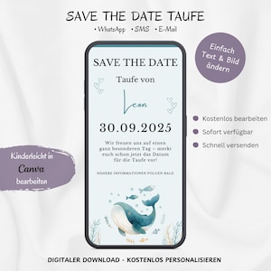 Digitale Save The Date Taufe Einladung Fisch Wal, Ankündigung Einladung Taufe WhatsApp, Personalisierbare E-Card Taufe Handy, Vorlage Canva