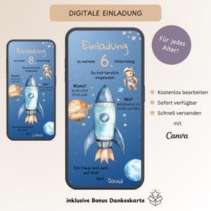 Einladung Kindergeburtstag Astronaut & Rakete, Personalisierbare digitale Einladungskarte Weltall, E-Card Geburtstag WhatsApp, Vorlage Canva