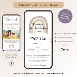 Convite digital matrícula escolar arco-íris, e-card personalizado início escolar boho, convite primeiro dia de aula cartão WhatsApp, template Canva