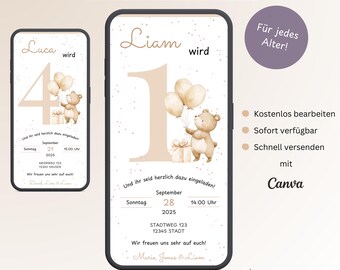 Teddy Bear Birthday Party Invitation, Personalized Digital Invitation Card for 1st Birthday, E-Card for Girls and Boys (WhatsApp), Canva Template