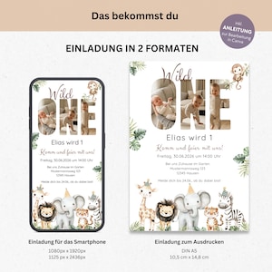 May include: A digital invitation design for a first birthday party, featuring a "Wild One" theme. The design includes a smartphone display and a print-ready A5 format, with jungle animal illustrations and the text "Elias wird 1".
