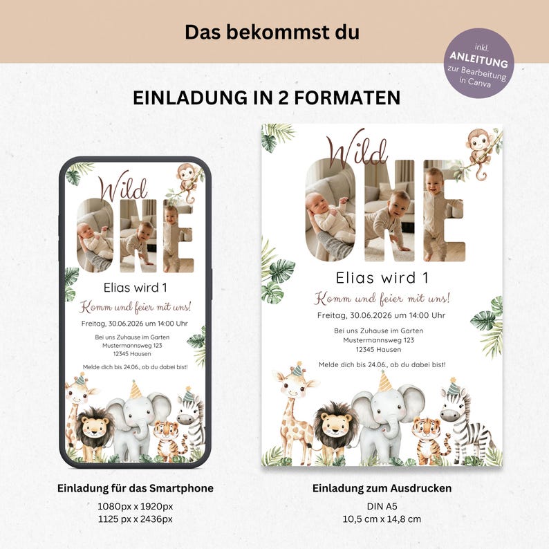 May include: A digital invitation design for a first birthday party, featuring a "Wild One" theme. The design includes a smartphone display and a print-ready A5 format, with jungle animal illustrations and the text "Elias wird 1".