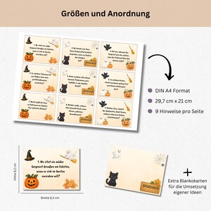 May include: A Halloween-themed game set with illustrated cards, featuring pumpkins, black cats, and ghosts. The cards have German text and are arranged on a white background. The set includes extra blank cards for customization. The dimensions are 29.7 cm x 21 cm.