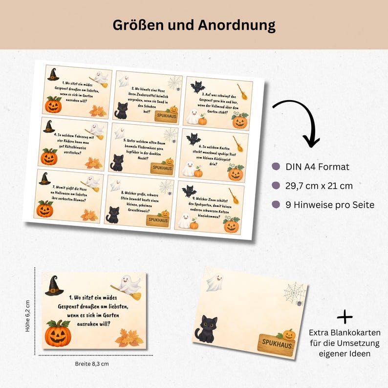 May include: A Halloween-themed game set with illustrated cards, featuring pumpkins, black cats, and ghosts. The cards have German text and are arranged on a white background. The set includes extra blank cards for customization. The dimensions are 29.7 cm x 21 cm.