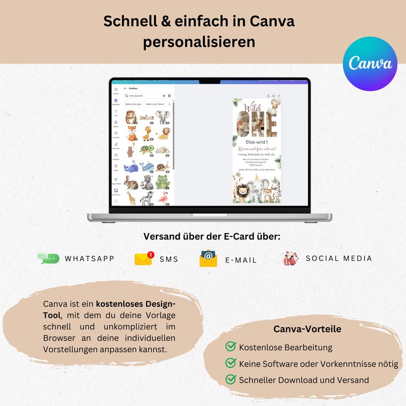 May include: A laptop displays a Canva design interface with a baby shower invitation featuring animal illustrations. The screen shows the text "Wild One" and "Elas wird 1". The image also includes icons for WhatsApp, SMS, email, and social media.