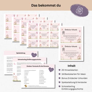Pu&ograve; includere: Un download PDF stampabile per una caccia al tesoro a tema farfalla. Il set include 20 carte con indizi, 16 carte vuote per idee, certificati di scoperta bonus, istruzioni di gioco e una storia su una farfalla.