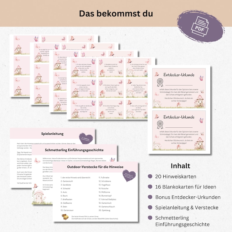 Pu&ograve; includere: Un download PDF stampabile per una caccia al tesoro a tema farfalla. Il set include 20 carte con indizi, 16 carte vuote per idee, certificati di scoperta bonus, istruzioni di gioco e una storia su una farfalla.