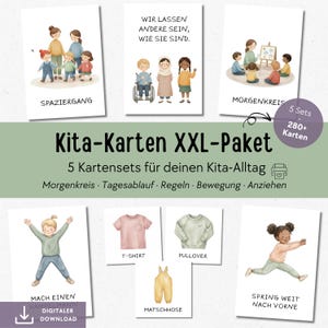 Puede incluir: Un conjunto de tarjetas ilustradas con texto en alemán, que representan a niños en diversas actividades y prendas de vestir. Las tarjetas incluyen frases como "Spaziergang" y "Morgenkreis", e imágenes de una camiseta, un mono y un niño saltando.
