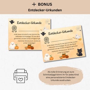 May include: Two Halloween-themed certificates with the text "Entdecker-Urkunde" and illustrations of pumpkins, ghosts, bats, and a black cat. The certificates are designed to be printed, with a printer icon at the bottom.