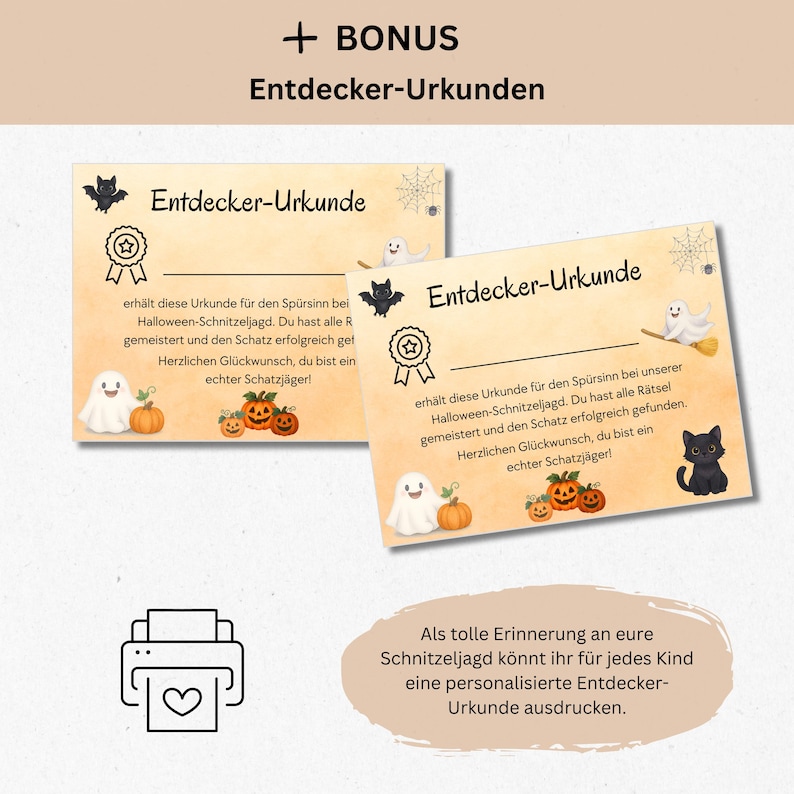 May include: Two Halloween-themed certificates with the text "Entdecker-Urkunde" and illustrations of pumpkins, ghosts, bats, and a black cat. The certificates are designed to be printed, with a printer icon at the bottom.