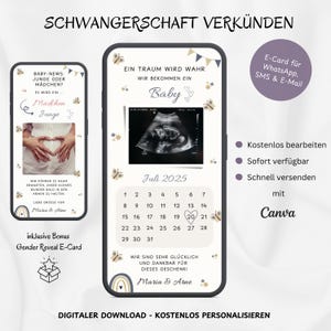 Digital pregnancy announcement WhatsApp, baby announcement reveal customized with photo, neutral customizable e-card, template Canva