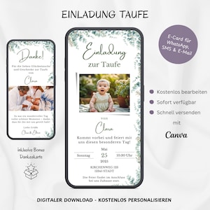 Digitale Einladung Taufe Eukalyptus, personalisierbare Einladungskarte Taufe mit Foto, E-Card Taufeinladung Baby WhatsApp Grün Vorlage Canva