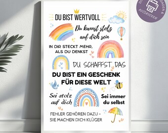 May include: A framed print with inspirational text in German, featuring a rainbow, sun, clouds, and a bee illustration. The text includes phrases like "You are worthy" and "You can be proud of yourself."