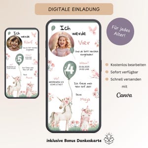 Digitale uitnodiging kinderfeestje meisje eenhoorn, gepersonaliseerde uitnodigingskaart roze foto, e-card verjaardag WhatsApp, sjabloon Canva
