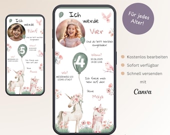 Digital Invitation Children's Birthday Girl Unicorn, Personalizable Invitation Card Pink Photo, E-Card Birthday WhatsApp, Template Canva