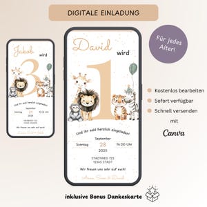 Digitale Einladung Kindergeburtstag Safari Tiere, Personalisierbare Einladungskarte 1. Geburtstag, E-Card WhatsApp Dschungel, Vorlage Canva
