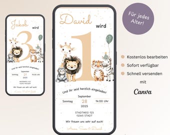 Digital invitation for a children's birthday party with safari animals, personalized invitation card for a 1st birthday, jungle e-card for WhatsApp, Canva template