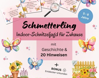 Búsqueda del tesoro de mariposas en interiores para niños de 5 a 8 años, búsqueda del tesoro en interiores para cumpleaños infantiles para imprimir, búsqueda del tesoro para niños