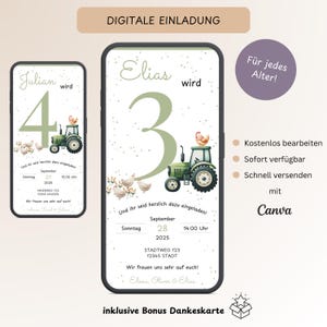 Digitale Einladung Kindergeburtstag Traktor 1-10 Jahre, Personalisierbare Einladungskarte Geburtstag Bauernhof, Ecard WhatsApp Vorlage Canva
