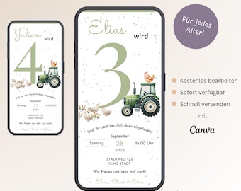 Digital invitation children's birthday tractor 1-10 years, personalizable invitation card birthday farm, ecard WhatsApp template Canva
