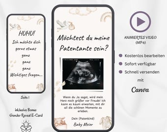Madrina chiede e-card, Vuoi essere la mia madrina, Scheda digitale personalizzabile che annuncia la gravidanza del bambino, modello Canva