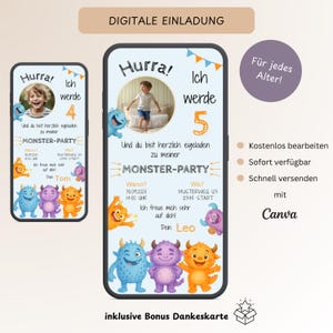 Cyfrowe zaproszenie na urodziny dziecka, karta zaproszenia na potwora, personalizowana e-kartka, szablon imprezy urodzinowej dla chłopca WhatsApp Monster Canva