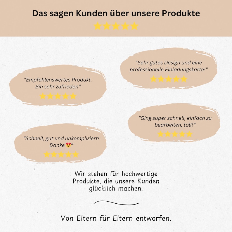 May include: A graphic with customer testimonials about products. The text reads "Das sagen Kunden &uuml;ber unsere Produkte" which translates to "What customers say about our products". The graphic features five-star ratings and quotes from customers about the products. The text also reads "Wir stehen f&uuml;r hochwertige Produkte, die unsere Kunden gl&uuml;cklich machen." which translates to "We stand for high-quality products that make our customers happy." The graphic also reads "Von Eltern f&uuml;r Eltern entworfen." which translates to "Designed by parents for parents."