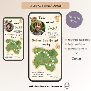 Einladung Kindergeburtstag Schnitzeljagd mit Foto, Personalisierbare digitale Einladungskarte Schatzsucher, E-Card WhatsApp, Vorlage Canva