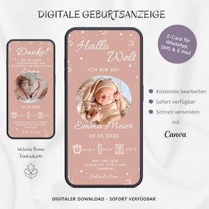 Anuncio de nacimiento digital WhatsApp, tarjeta electrónica personalizable anunciando el nacimiento de un bebé, tarjeta de nacimiento para teléfono móvil Hola Mundo Hola Bebé, plantilla Canva