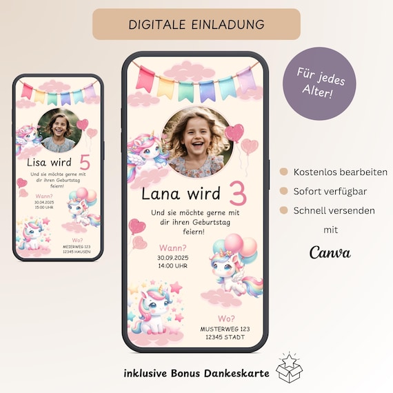 Einladung Kindergeburtstag Einhorn mit Foto, Personalisierbare digitale Einladungskarte Mädchen, E-Card Geburtstag WhatsApp, Vorlage Canva