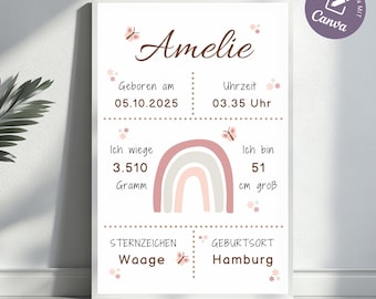 Tableau de naissance personnalisé, affiche de naissance de bébé, affiche de nom de chambre d'enfant, cadeau de naissance pour fille, affiche de naissance, dates de naissance, arc-en-ciel