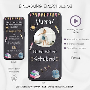 Digitale Einladung Einschulung animiert, personalisierte Einladungskarte Schulanfang Stift, Einladung erster Schultag WhatsApp Vorlage Canva