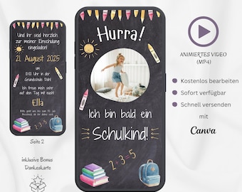 Digital invitation school enrollment animated, personalized invitation card school start pen, invitation first day of school WhatsApp template Canva