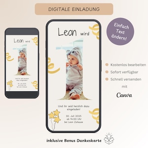 Digitale Einladung 1. Geburtstag Mädchen Junge, Personalisierbare Einladungskarte Kindergeburtstag mit Foto, E-Card WhatsApp, Vorlage Canva