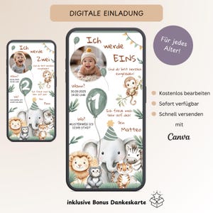 Digitale uitnodiging kinderverjaardag 1e verjaardag met foto, aanpasbare uitnodigingskaart WhatsApp jungle safarifeest, sjabloon Canva