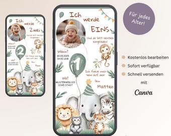 Digital invitation for children&#39;s birthday party 1st birthday with photo, personalizable invitation card WhatsApp jungle safari party, template Canva