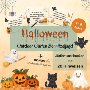 May include: A Halloween-themed outdoor scavenger hunt game with illustrations of pumpkins, ghosts, bats, and a black cat. The game includes clues and is designed for children aged 4-8 years old. The text "Halloween" is prominently displayed.