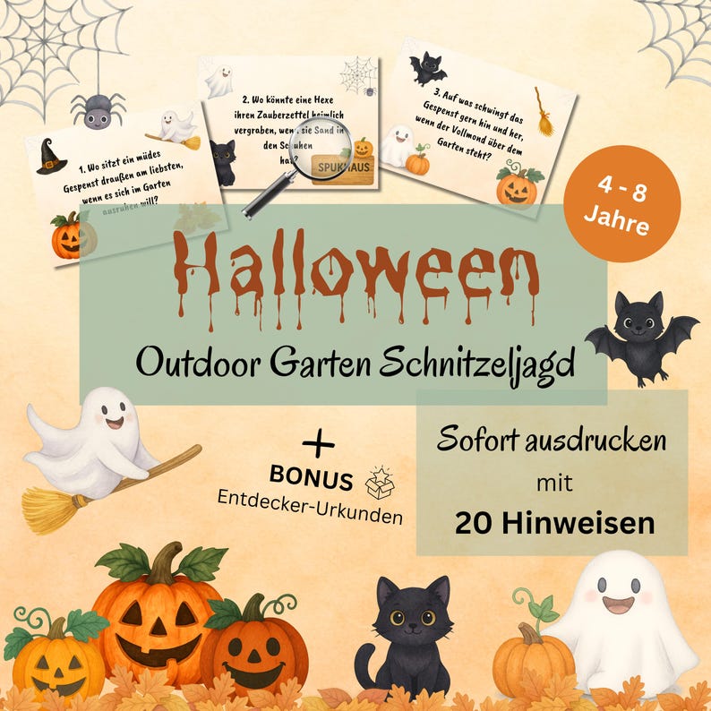 May include: A Halloween-themed outdoor scavenger hunt game with illustrations of pumpkins, ghosts, bats, and a black cat. The game includes clues and is designed for children aged 4-8 years old. The text "Halloween" is prominently displayed.