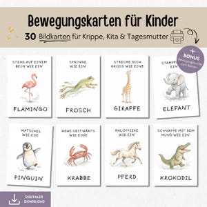 Puede incluir: Un conjunto de tarjetas ilustradas para niños, con imágenes de acuarela de animales como un flamenco, una rana y una jirafa. Cada tarjeta tiene una palabra alemana y una acción correspondiente. Tarjetas para guarderías y preescolares.