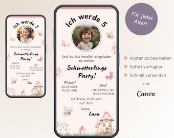 Invito digitale per compleanno bambini farfalla, biglietto d'invito personalizzabile per compleanno bambina farfalla modello WhatsApp Canva