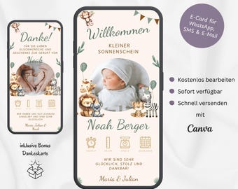 Digital birth announcement WhatsApp Safari, personalizable e-card birth announcement, mobile birth card Hello World Hello Baby, template Canva