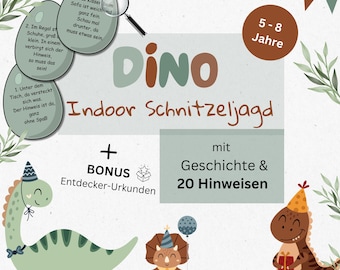 Indoor scavenger hunt for children's birthdays 5-8 years, dinosaur treasure hunt indoors, printable children's treasure hunt tasks PDF