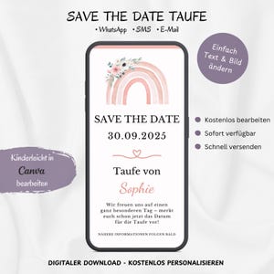 Digitale Save The Date Taufe Mädchen, Ankündigung Einladung Taufe Regenbogen, Personalisierbare E-Card Taufe WhatsApp Rosa, Vorlage Canva