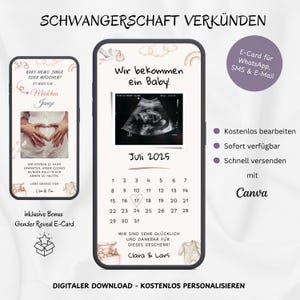 Schwangerschaft verkünden E-Card, Wir bekommen ein Baby, Personalisierbare digitale Baby Ankündigung, Storch Karte WhatsApp, Vorlage Canva