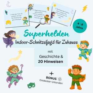 Indoor scavenger hunt for children 4-8 years, superhero treasure hunt indoors, children&#39;s birthday party printable PDF, treasure hunt at home